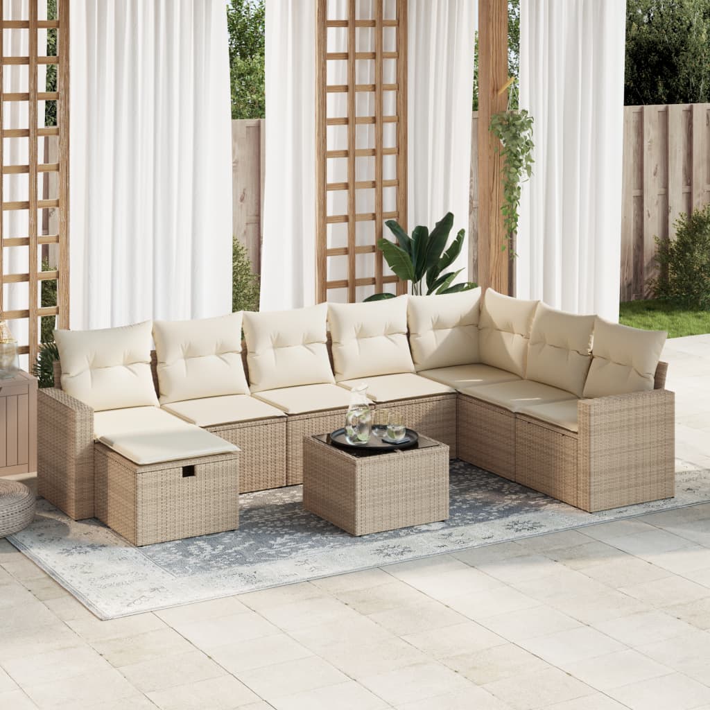 Vetonek Set de sofás de jardín con cojines 9 pzas ratán sintético beige