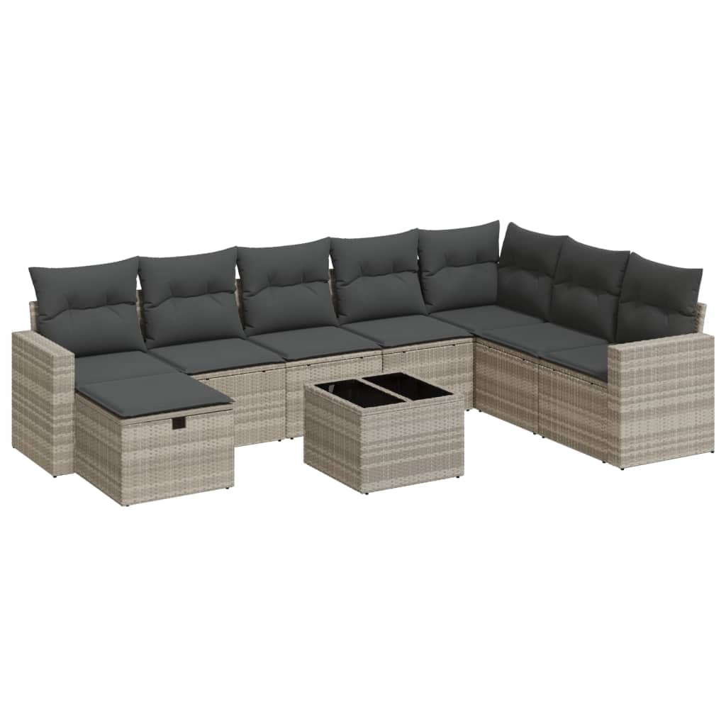 Set muebles jardín 9 pzas y cojines ratán sintético gris claro