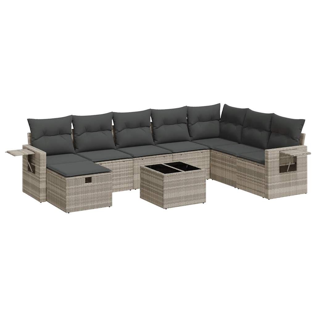 Set muebles jardín 9 pzas y cojines ratán sintético gris claro