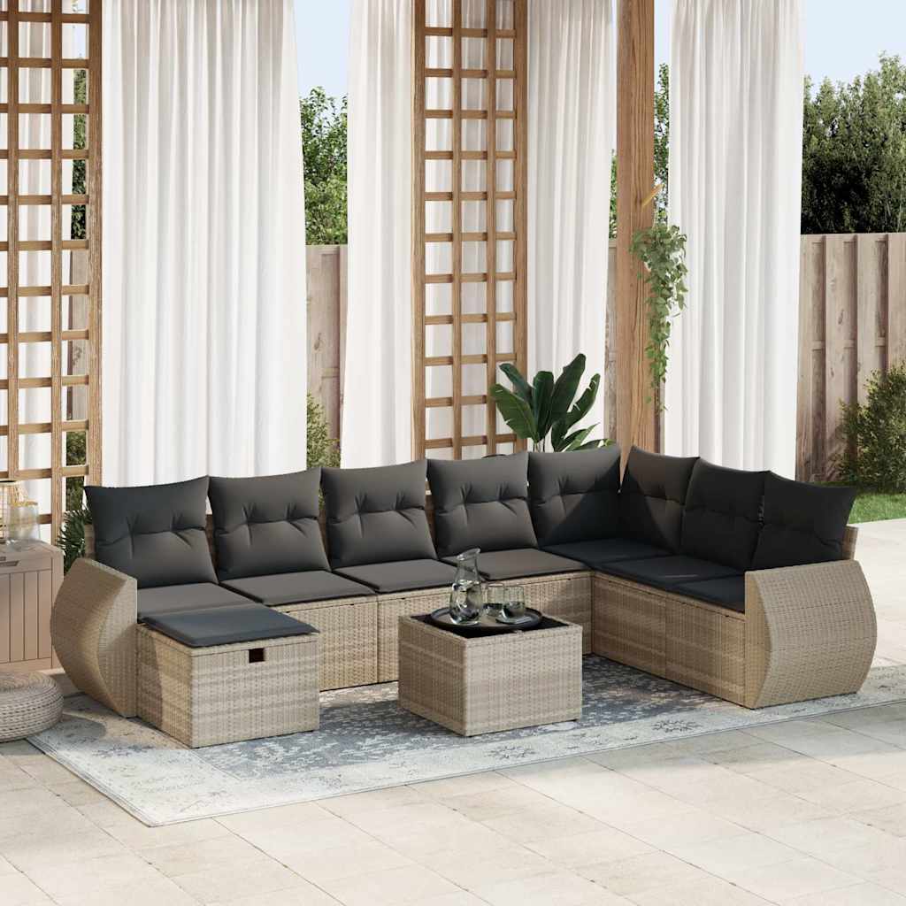 Vetonek Set muebles jardín 9 pzas y cojines ratán sintético gris claro