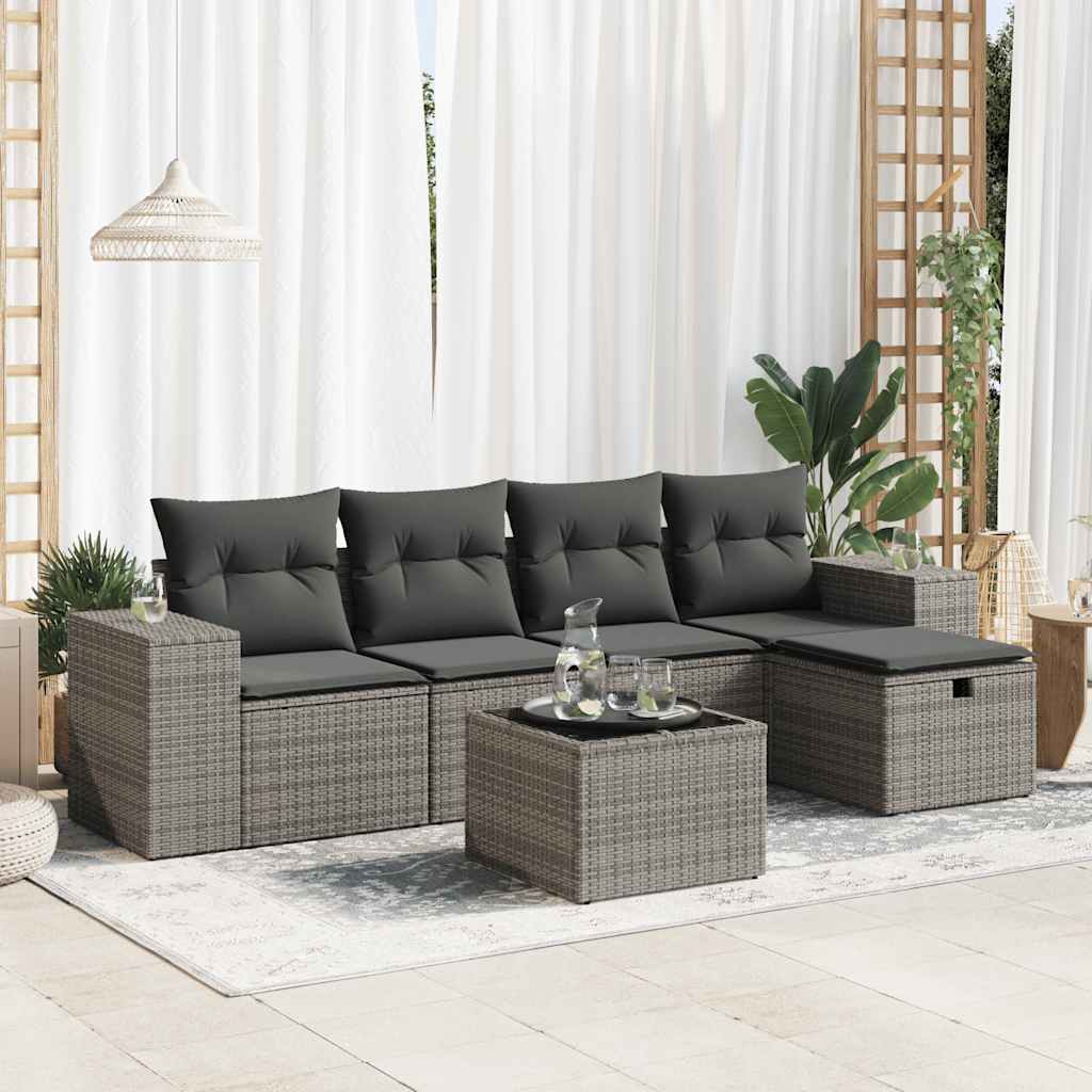 Vetonek Set de muebles de jardín 6 pzas y cojines ratán sintético gris