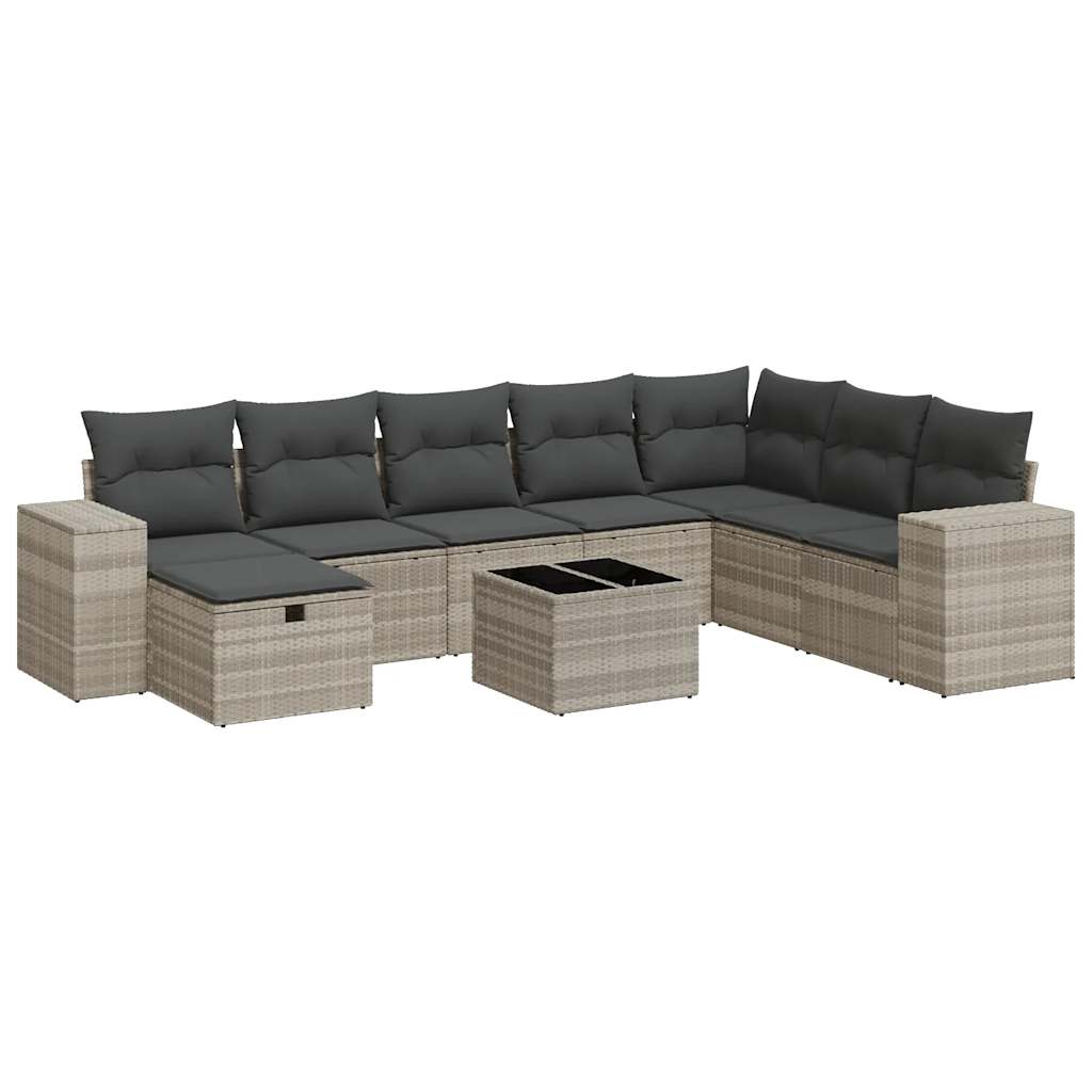 Set muebles jardín 9 pzas y cojines ratán sintético gris claro