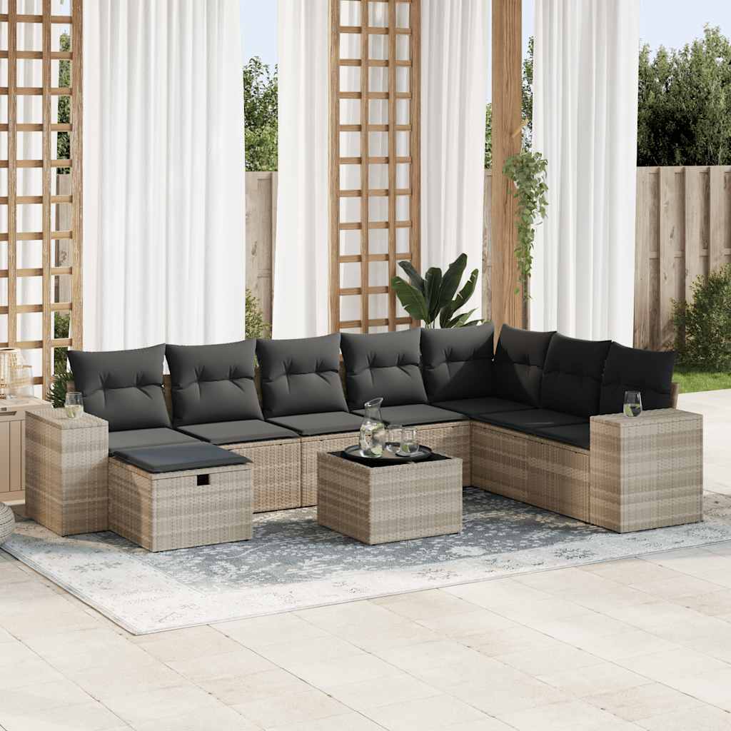 Vetonek Set muebles jardín 9 pzas y cojines ratán sintético gris claro