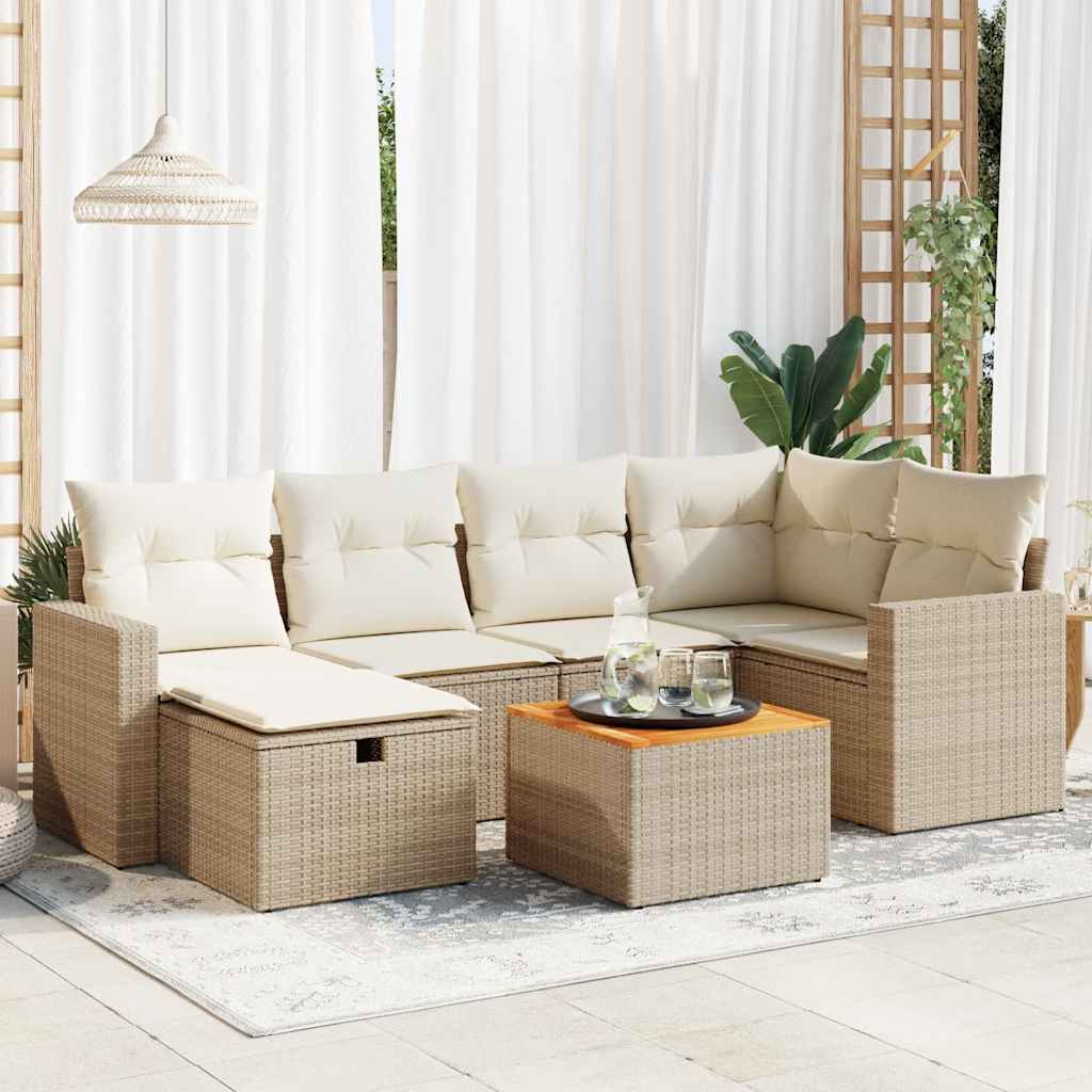 Set sofás de jardín 7 piezas y cojines ratán sintético beige