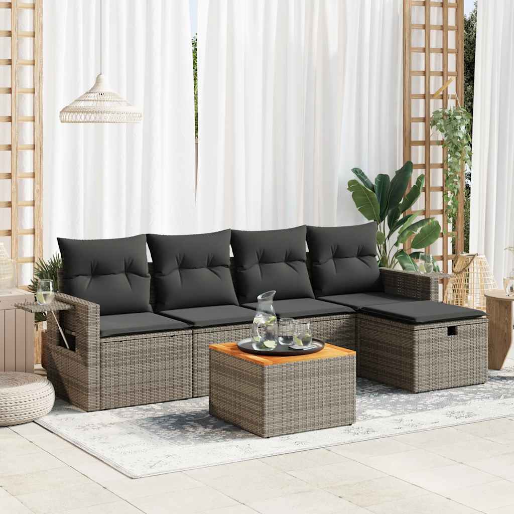 Vetonek Set de muebles de jardín 6 pzas y cojines ratán sintético gris