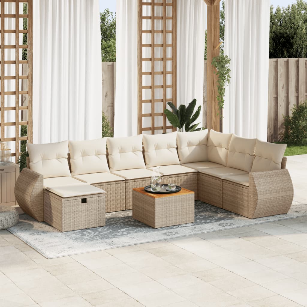 Vetonek Set de sofás de jardín con cojines 9 pzas ratán sintético beige