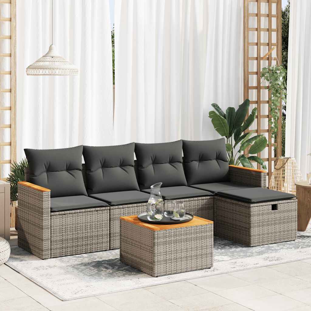 Vetonek Set de muebles de jardín 6 pzas y cojines ratán sintético gris