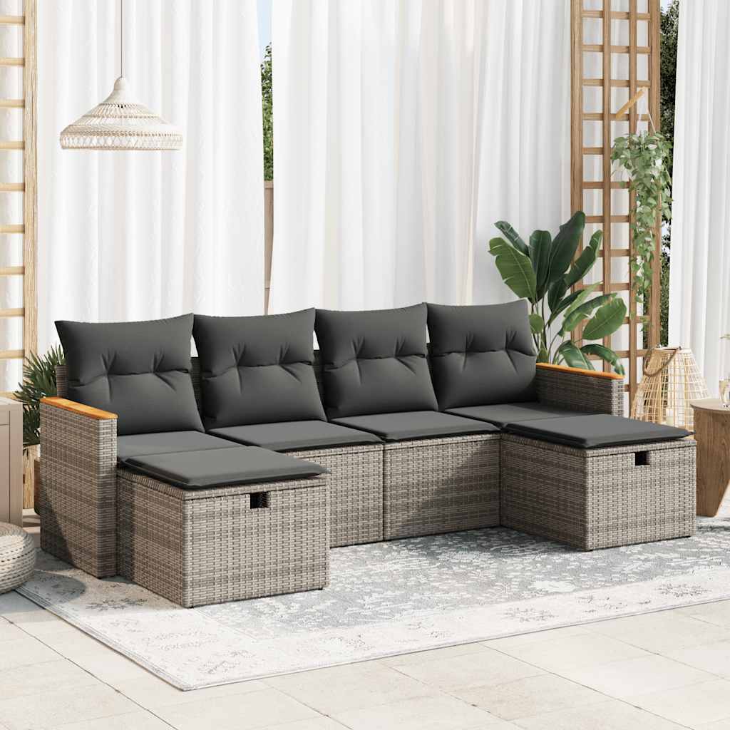 Vetonek Set de muebles de jardín 6 pzas y cojines ratán sintético gris