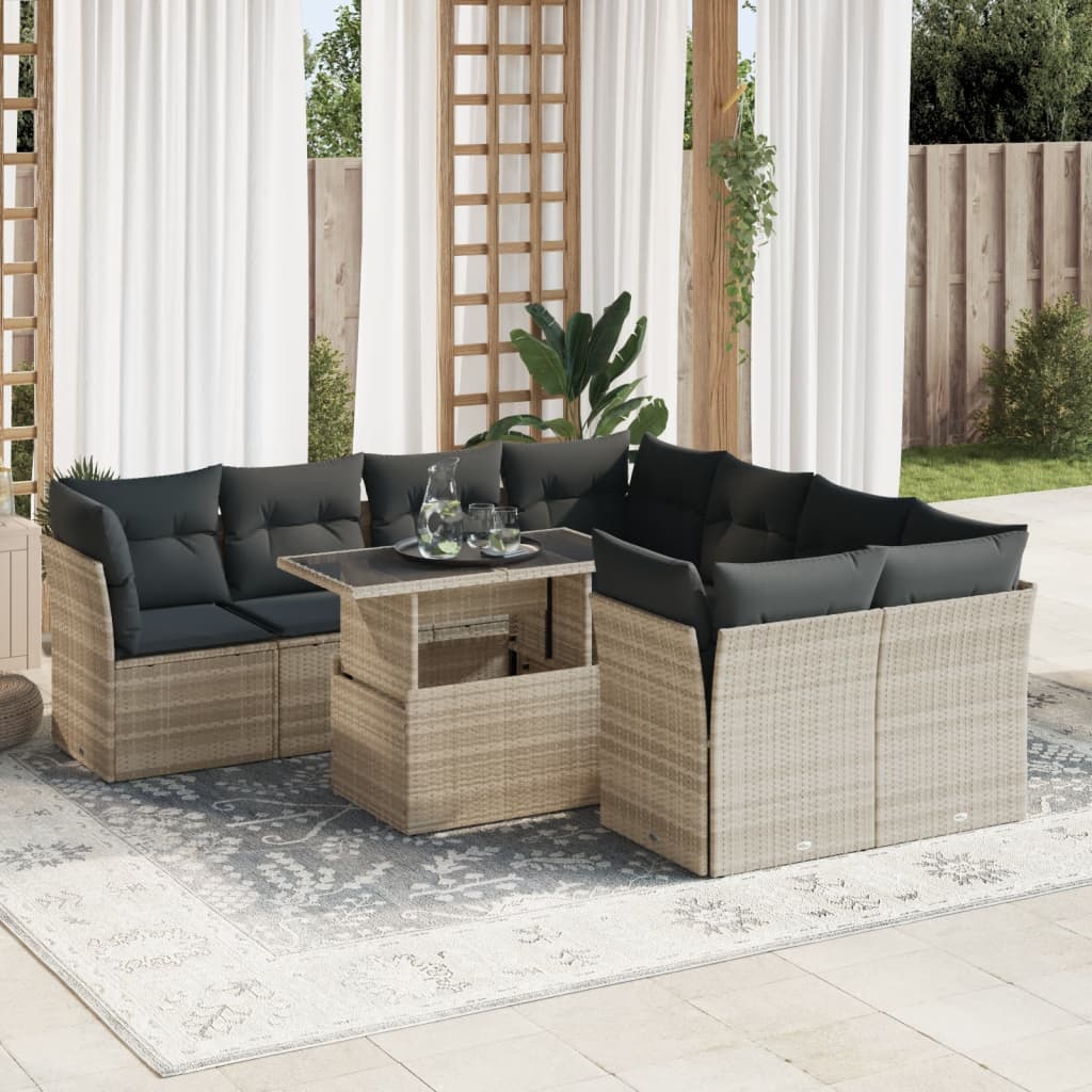 Set muebles jardín 9 pzas y cojines ratán sintético gris claro