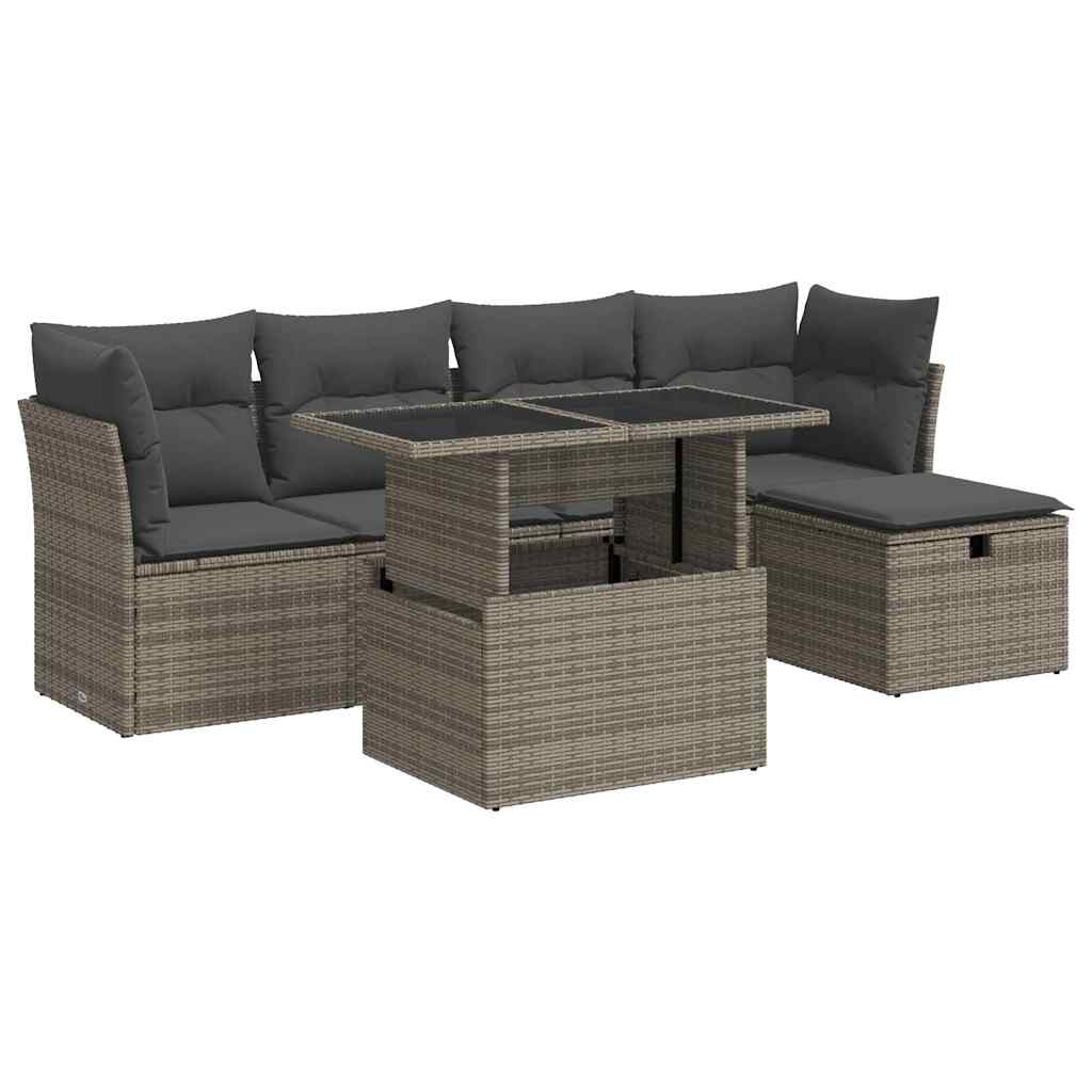 Set de muebles de jardín 6 pzas y cojines ratán sintético gris - Vetonek