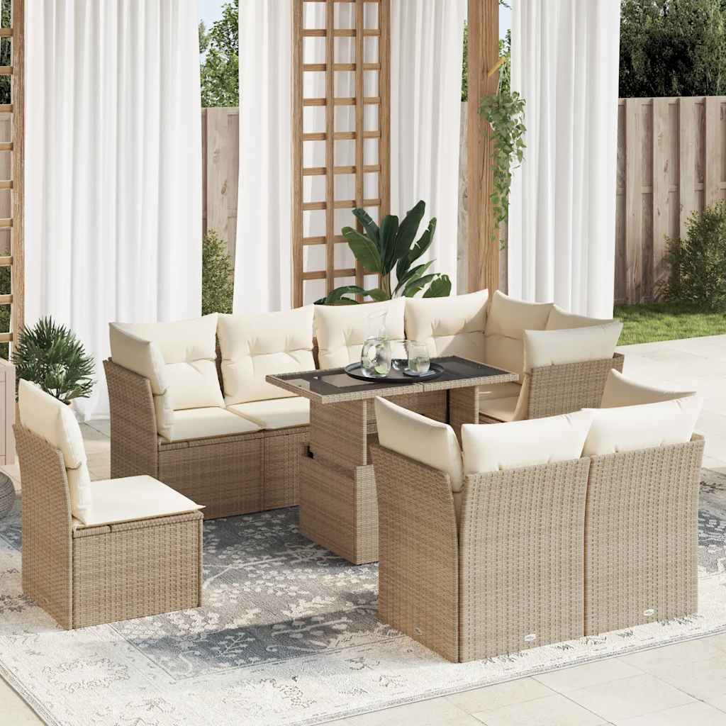 Vetonek Set de sofás de jardín con cojines 9 pzas ratán sintético beige