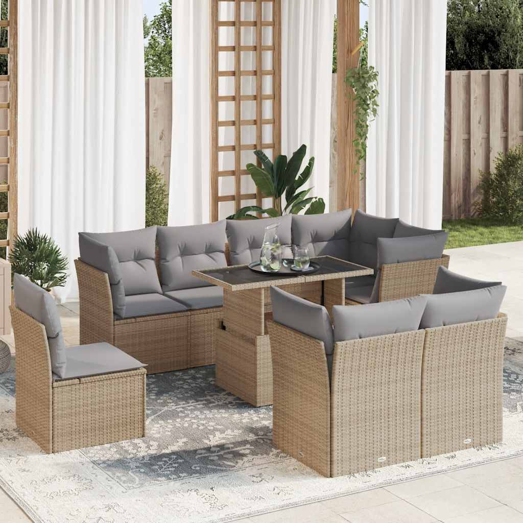 Vetonek Set de sofás de jardín con cojines 9 pzas ratán sintético beige