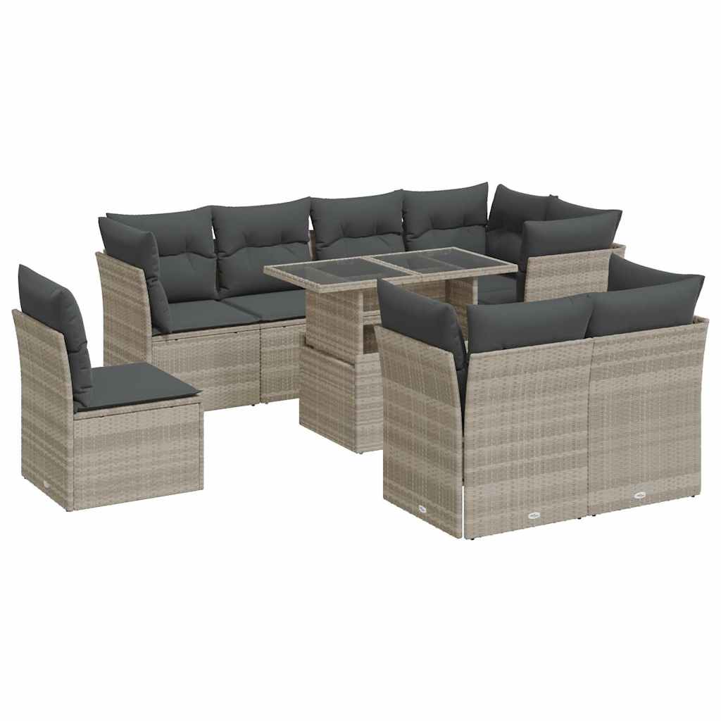 Set muebles jardín 9 pzas y cojines ratán sintético gris claro