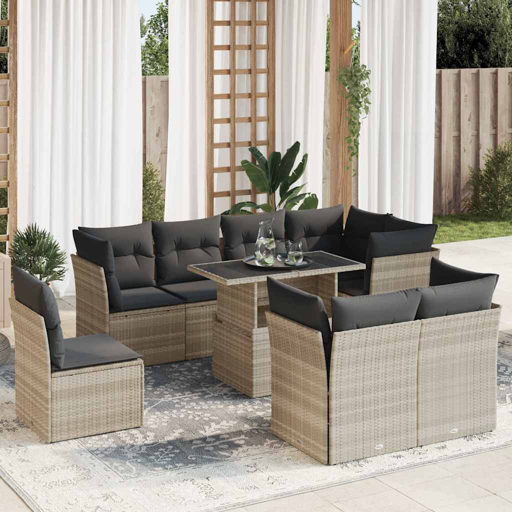 Vetonek Set muebles jardín 9 pzas y cojines ratán sintético gris claro