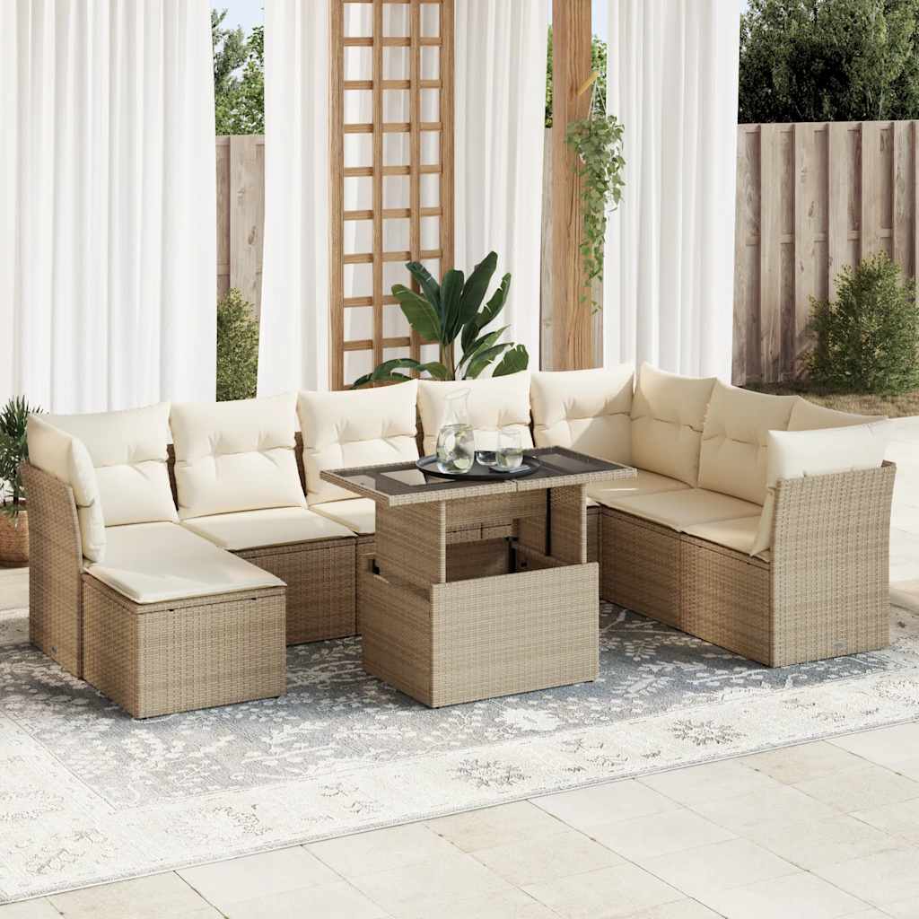 Vetonek Set de sofás de jardín con cojines 9 pzas ratán sintético beige