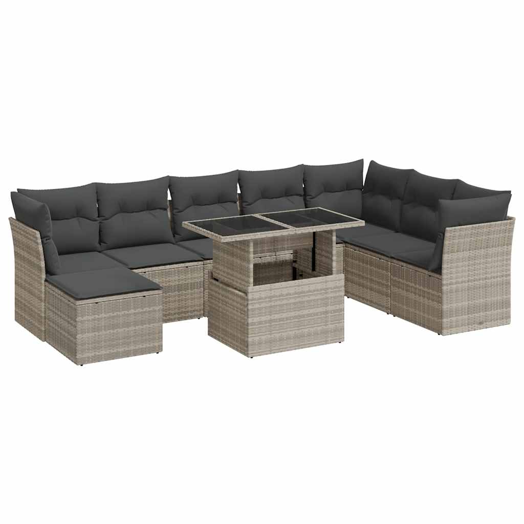 Set muebles jardín 9 pzas y cojines ratán sintético gris claro