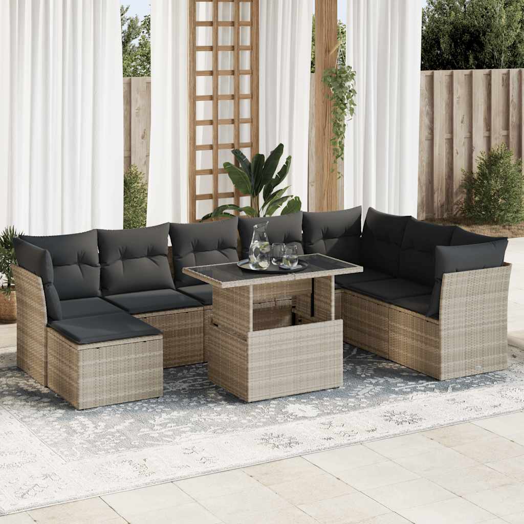 Vetonek Set muebles jardín 9 pzas y cojines ratán sintético gris claro