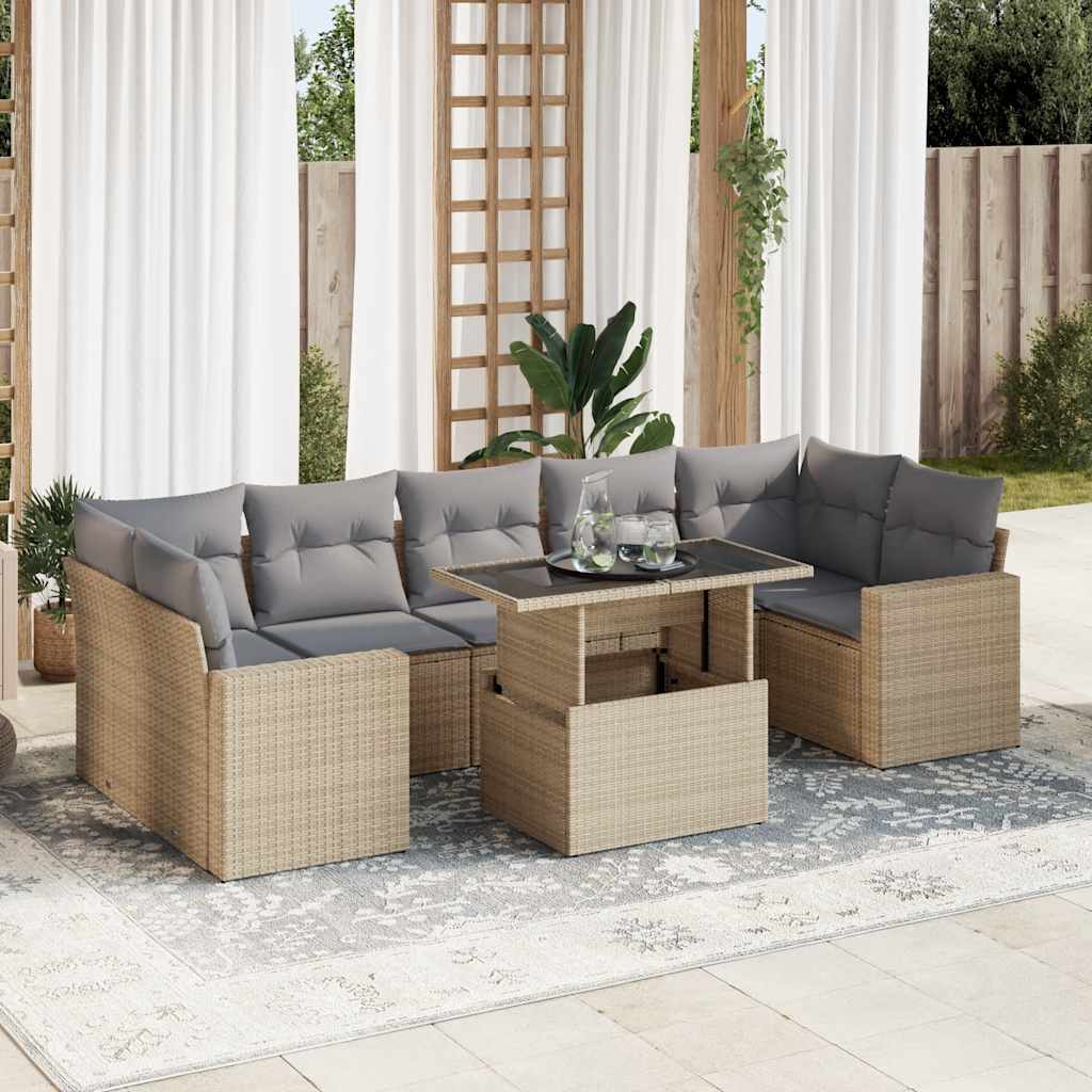 Vetonek Set de sofás de jardín y cojines 8 piezas ratán sintético beige