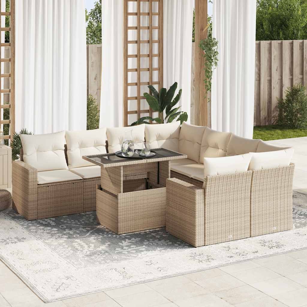 Vetonek Set de sofás de jardín con cojines 9 pzas ratán sintético beige