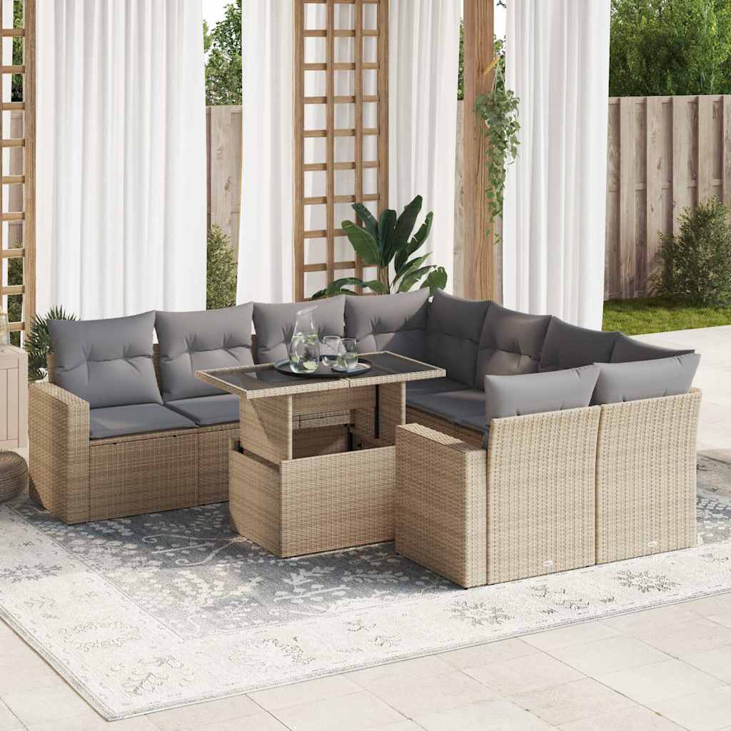 Vetonek Set de sofás de jardín con cojines 9 pzas ratán sintético beige