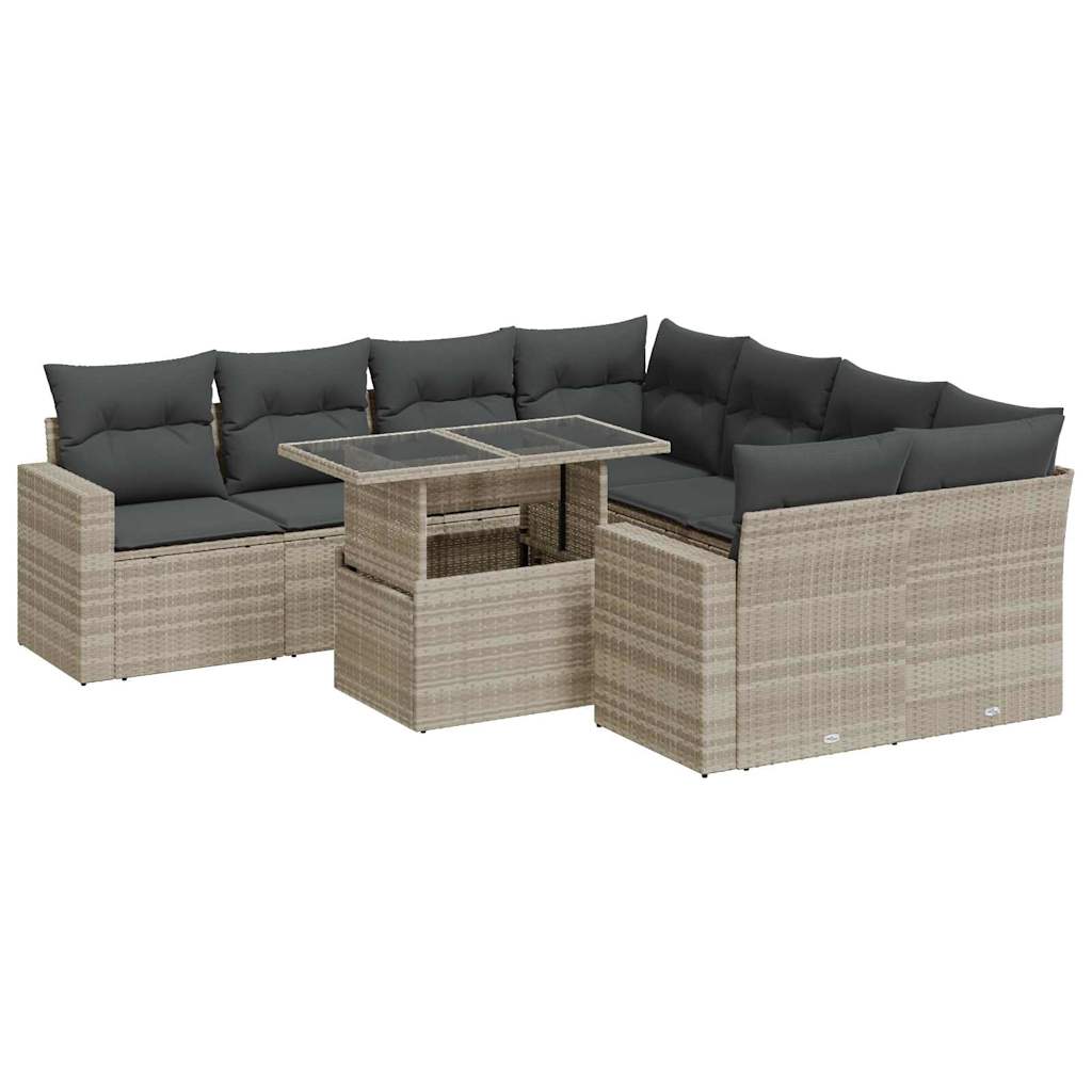 Set muebles jardín 9 pzas y cojines ratán sintético gris claro