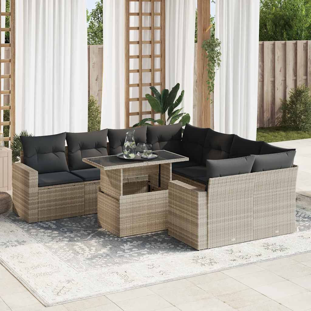 Vetonek Set muebles jardín 9 pzas y cojines ratán sintético gris claro