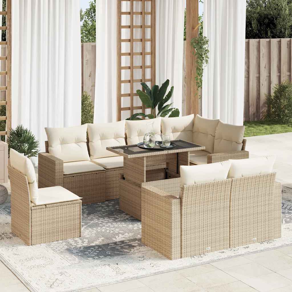 Vetonek Set de sofás de jardín con cojines 9 pzas ratán sintético beige