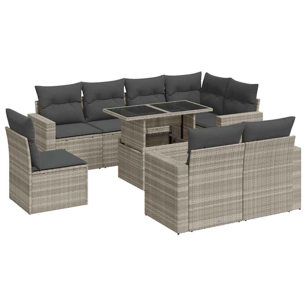 Set muebles jardín 9 pzas y cojines ratán sintético gris claro