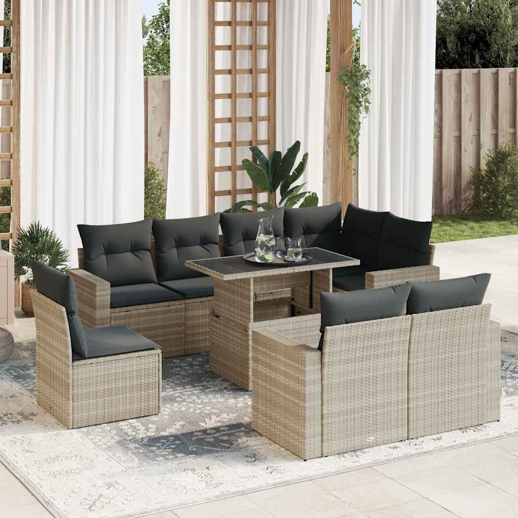 Vetonek Set muebles jardín 9 pzas y cojines ratán sintético gris claro