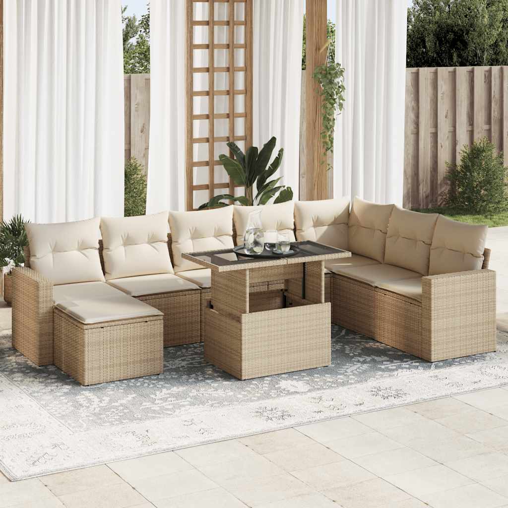 Vetonek Set de sofás de jardín con cojines 9 pzas ratán sintético beige