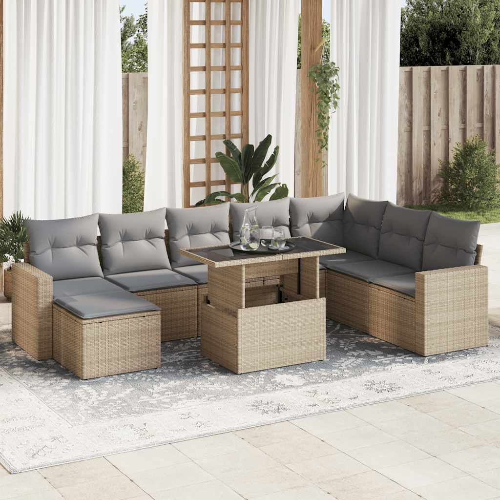 Vetonek Set de sofás de jardín con cojines 9 pzas ratán sintético beige