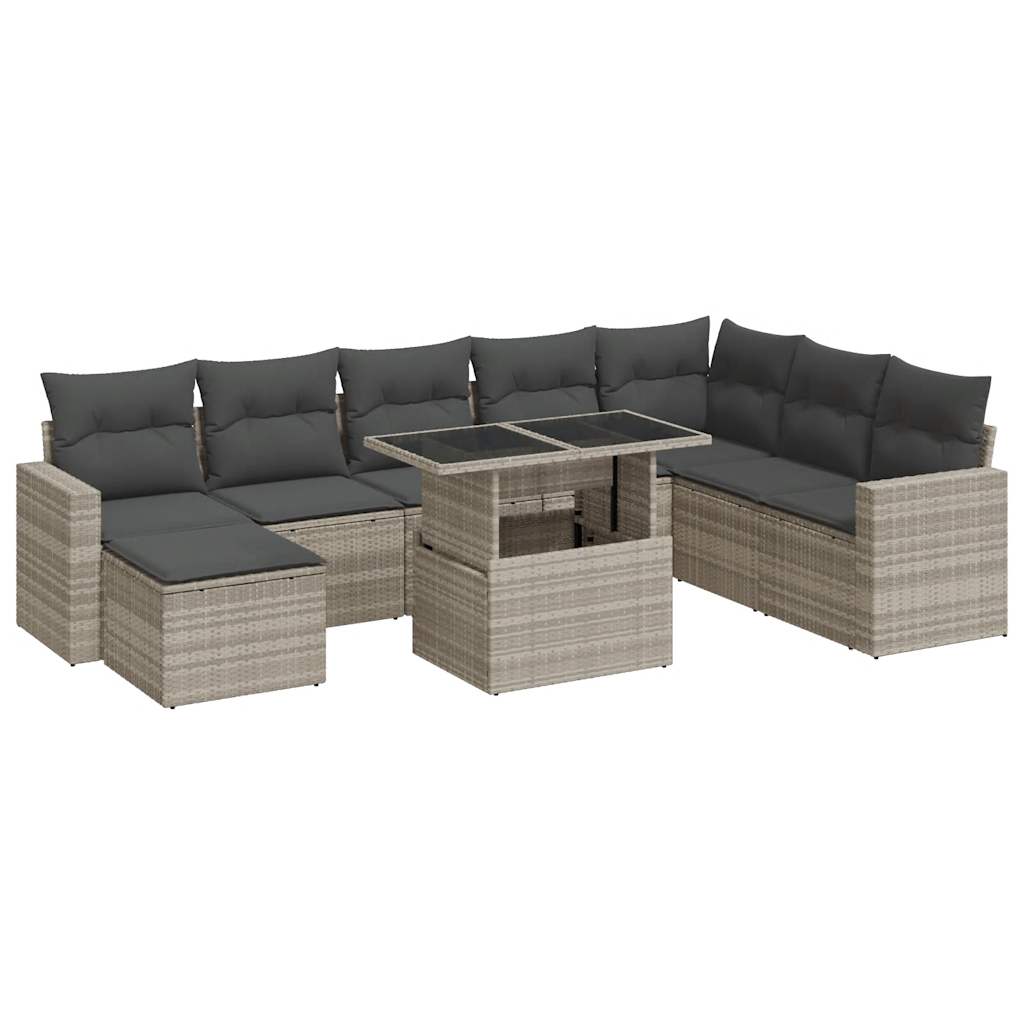 Set muebles jardín 9 pzas y cojines ratán sintético gris claro