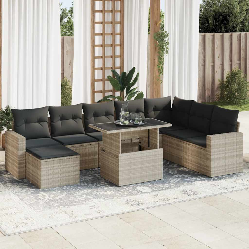 Vetonek Set muebles jardín 9 pzas y cojines ratán sintético gris claro