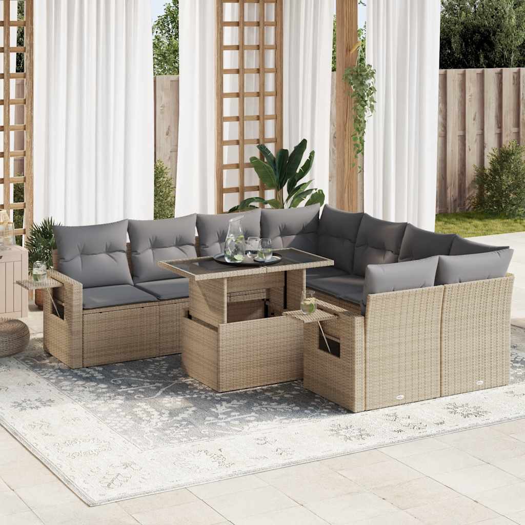 Vetonek Set de sofás de jardín con cojines 9 pzas ratán sintético beige