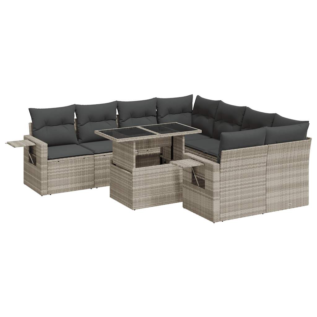 Set muebles jardín 9 pzas y cojines ratán sintético gris claro