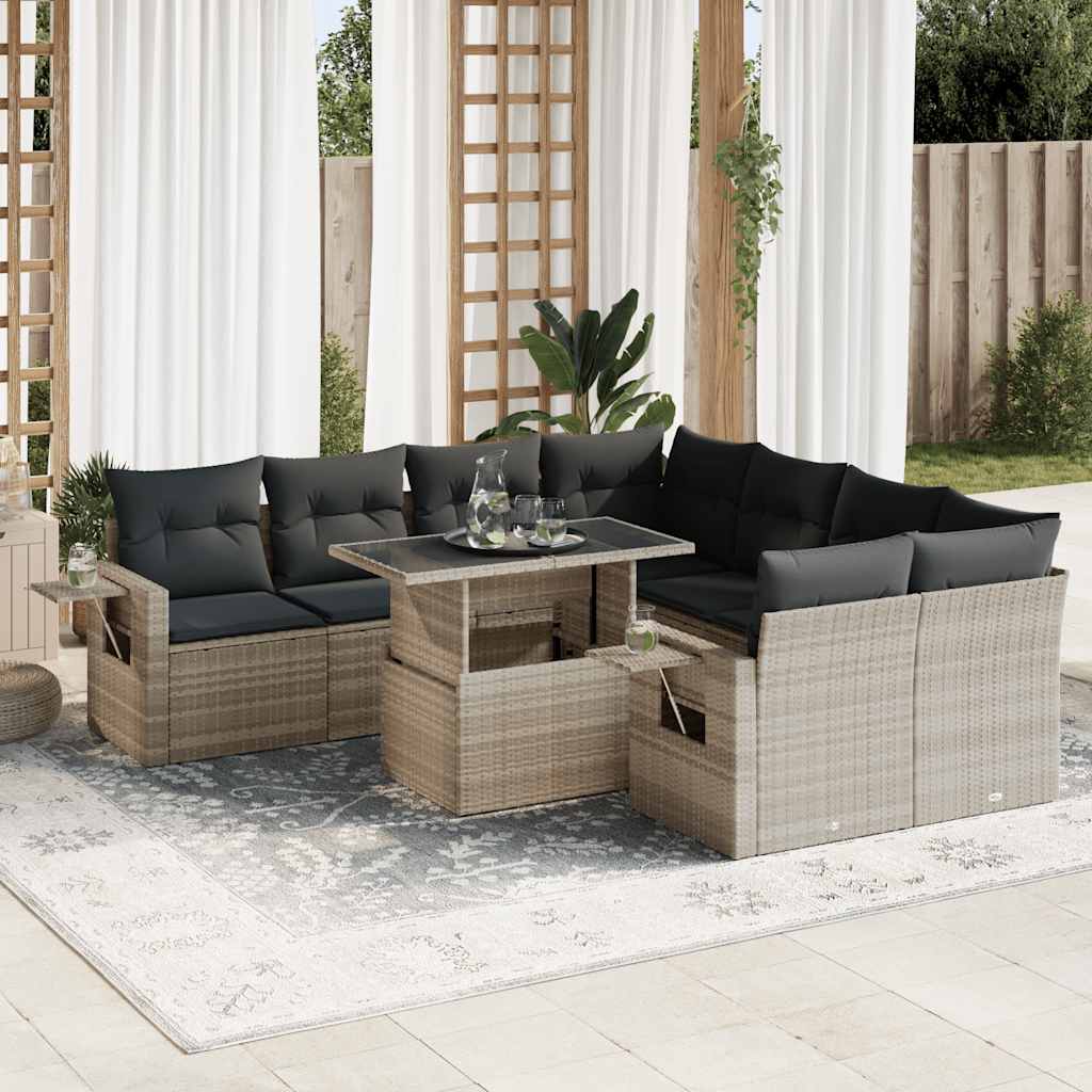 Vetonek Set muebles jardín 9 pzas y cojines ratán sintético gris claro