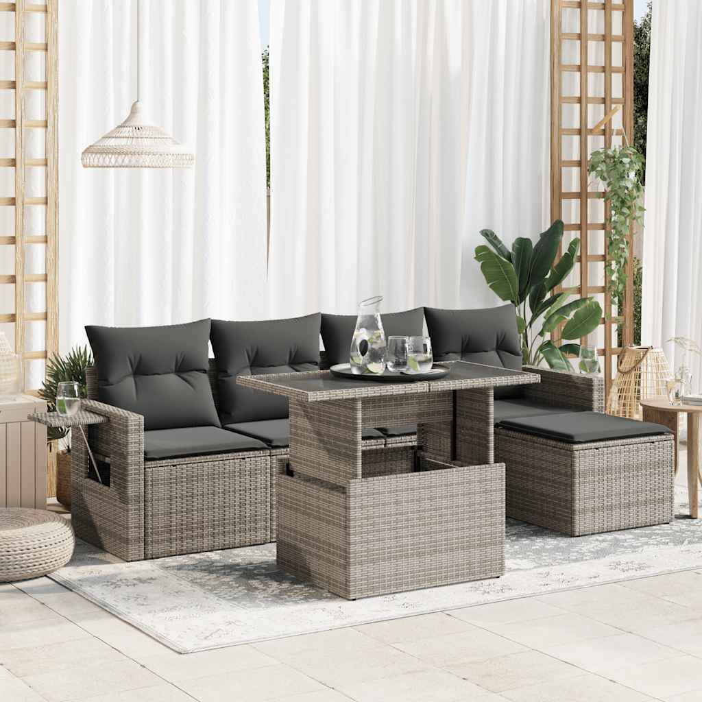 Vetonek Set de muebles de jardín 6 pzas y cojines ratán sintético gris