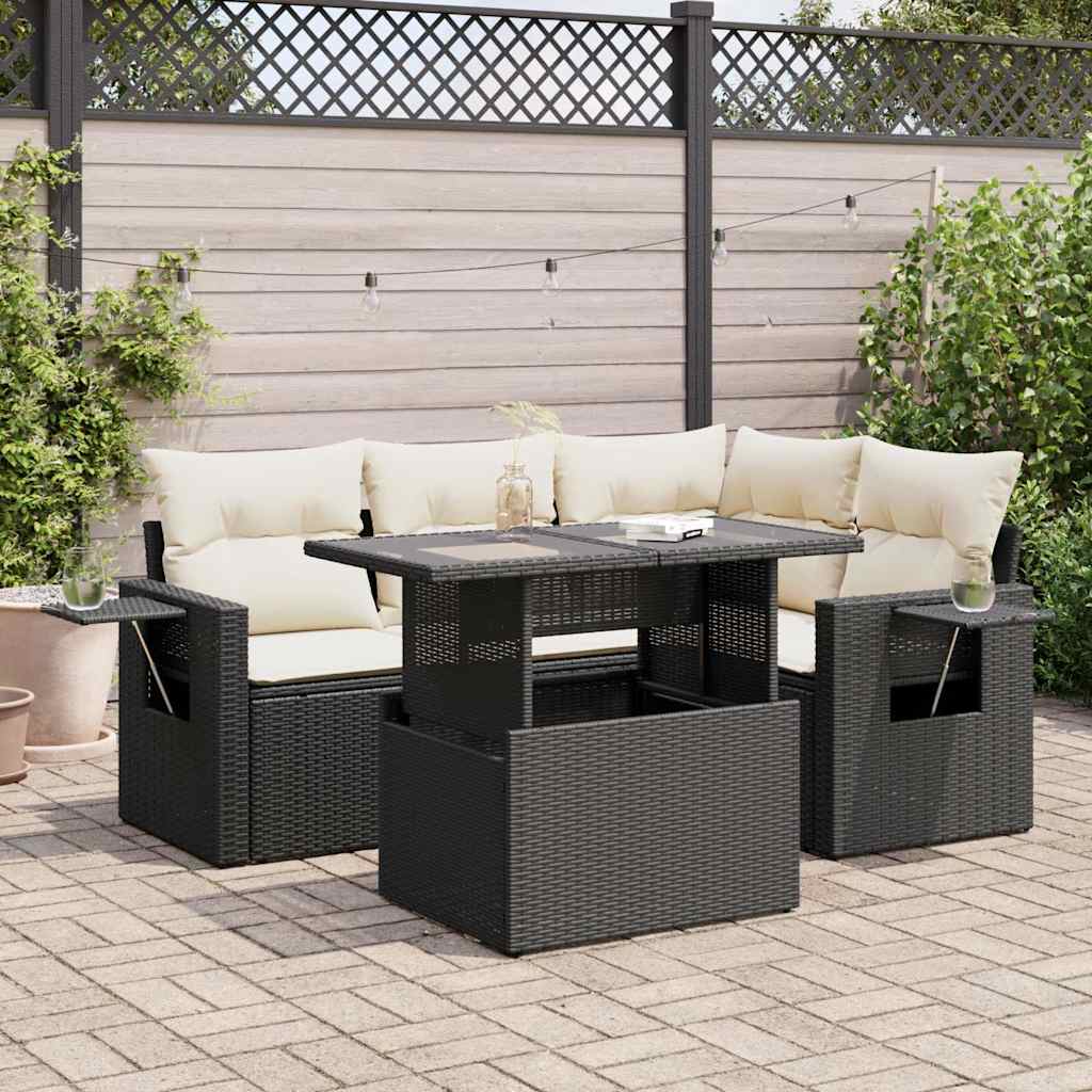 Vetonek Set de muebles de jardín 5 pzas y cojines ratán sintético negro