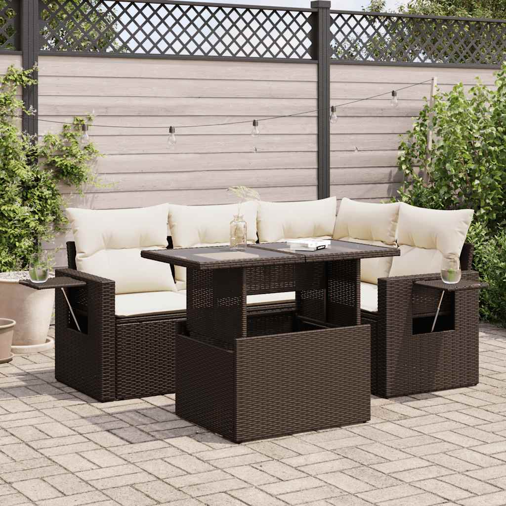 Vetonek Set comedor de jardín 5 piezas y cojines ratán sintético marrón