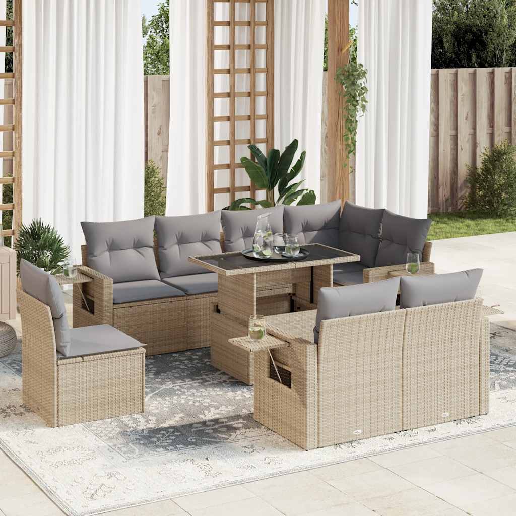 Vetonek Set de sofás de jardín con cojines 9 pzas ratán sintético beige