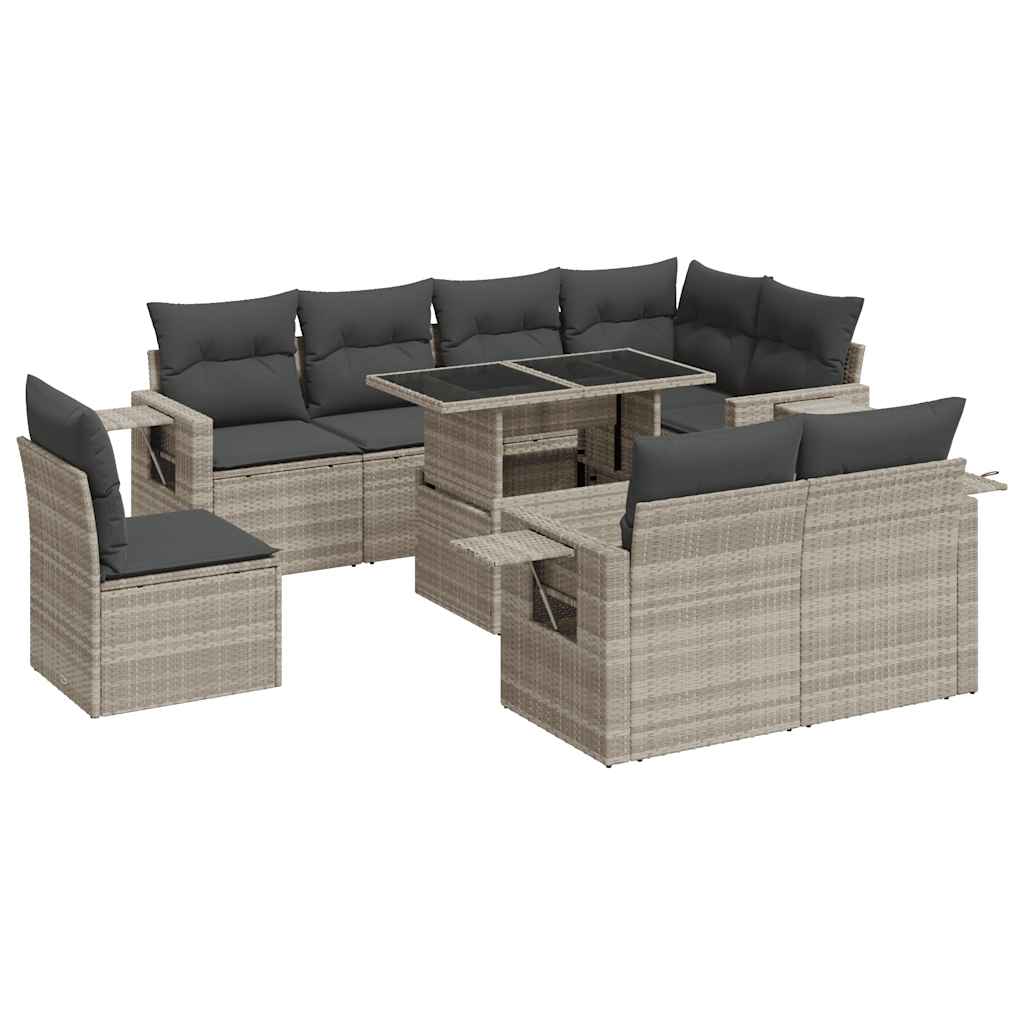 Set muebles jardín 9 pzas y cojines ratán sintético gris claro