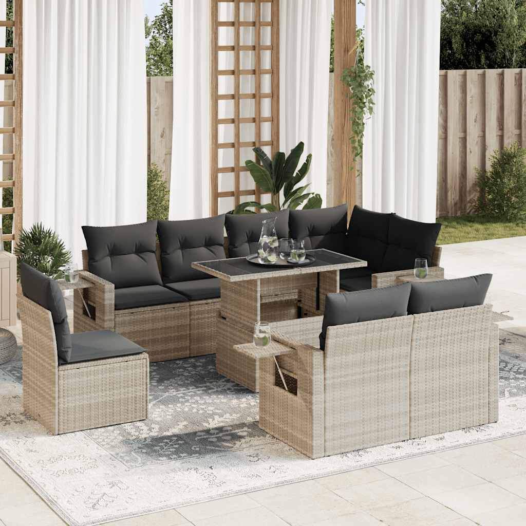 Set muebles jardín 9 pzas y cojines ratán sintético gris claro