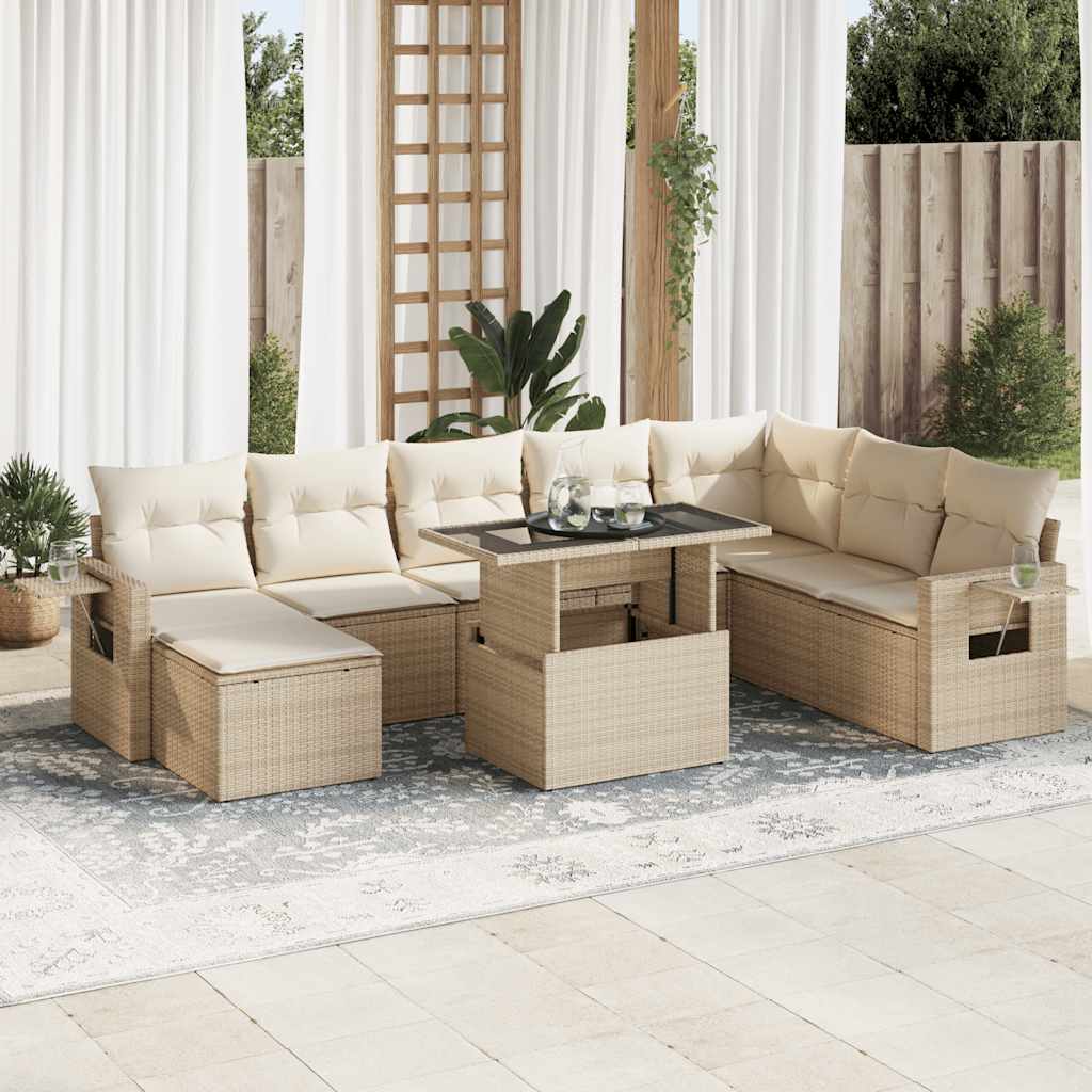 Vetonek Set de sofás de jardín con cojines 9 pzas ratán sintético beige