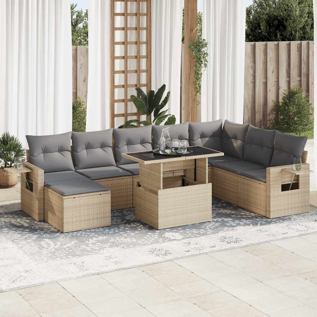 Vetonek Set de sofás de jardín con cojines 9 pzas ratán sintético beige