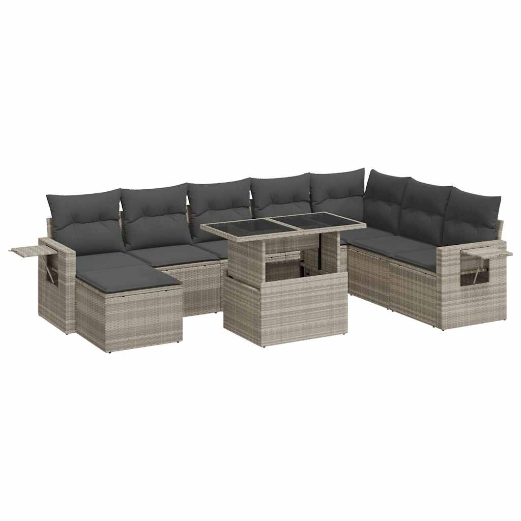 Set muebles jardín 9 pzas y cojines ratán sintético gris claro