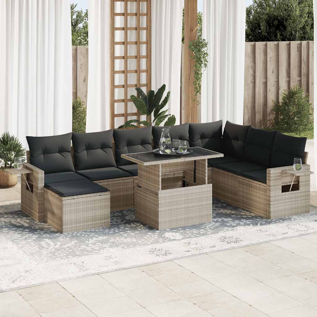 Vetonek Set muebles jardín 9 pzas y cojines ratán sintético gris claro