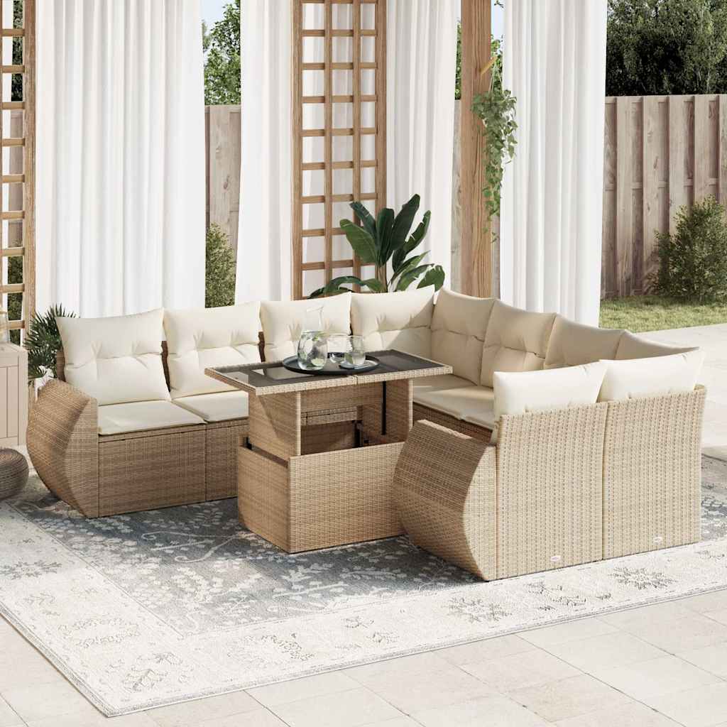 Vetonek Set de sofás de jardín con cojines 9 pzas ratán sintético beige