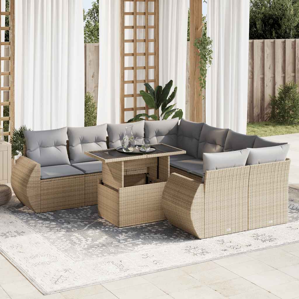 Vetonek Set de sofás de jardín con cojines 9 pzas ratán sintético beige