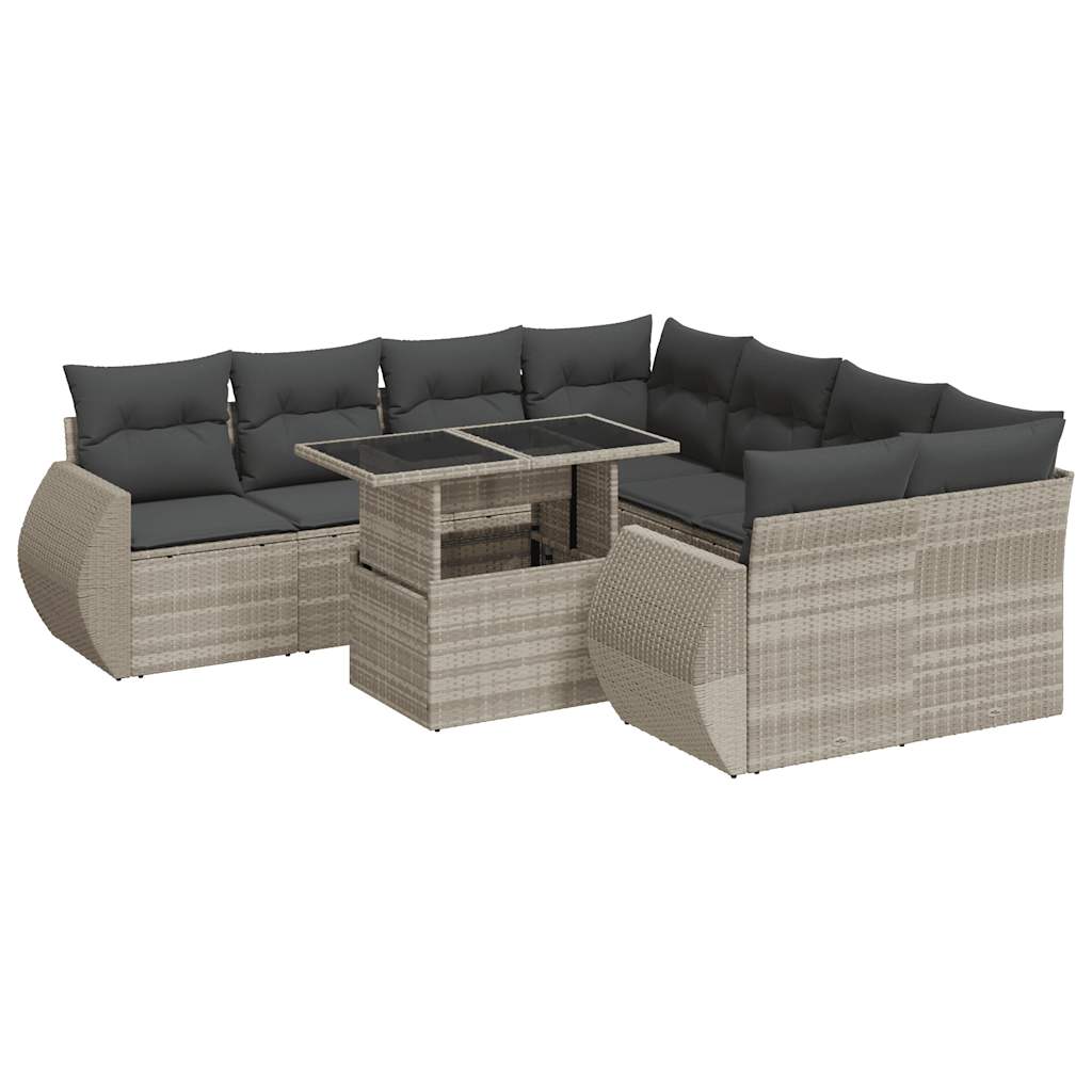 Set muebles jardín 9 pzas y cojines ratán sintético gris claro