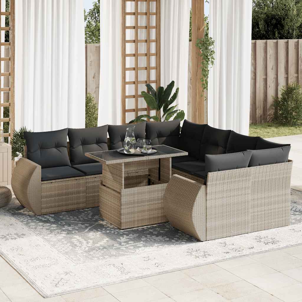 Vetonek Set muebles jardín 9 pzas y cojines ratán sintético gris claro